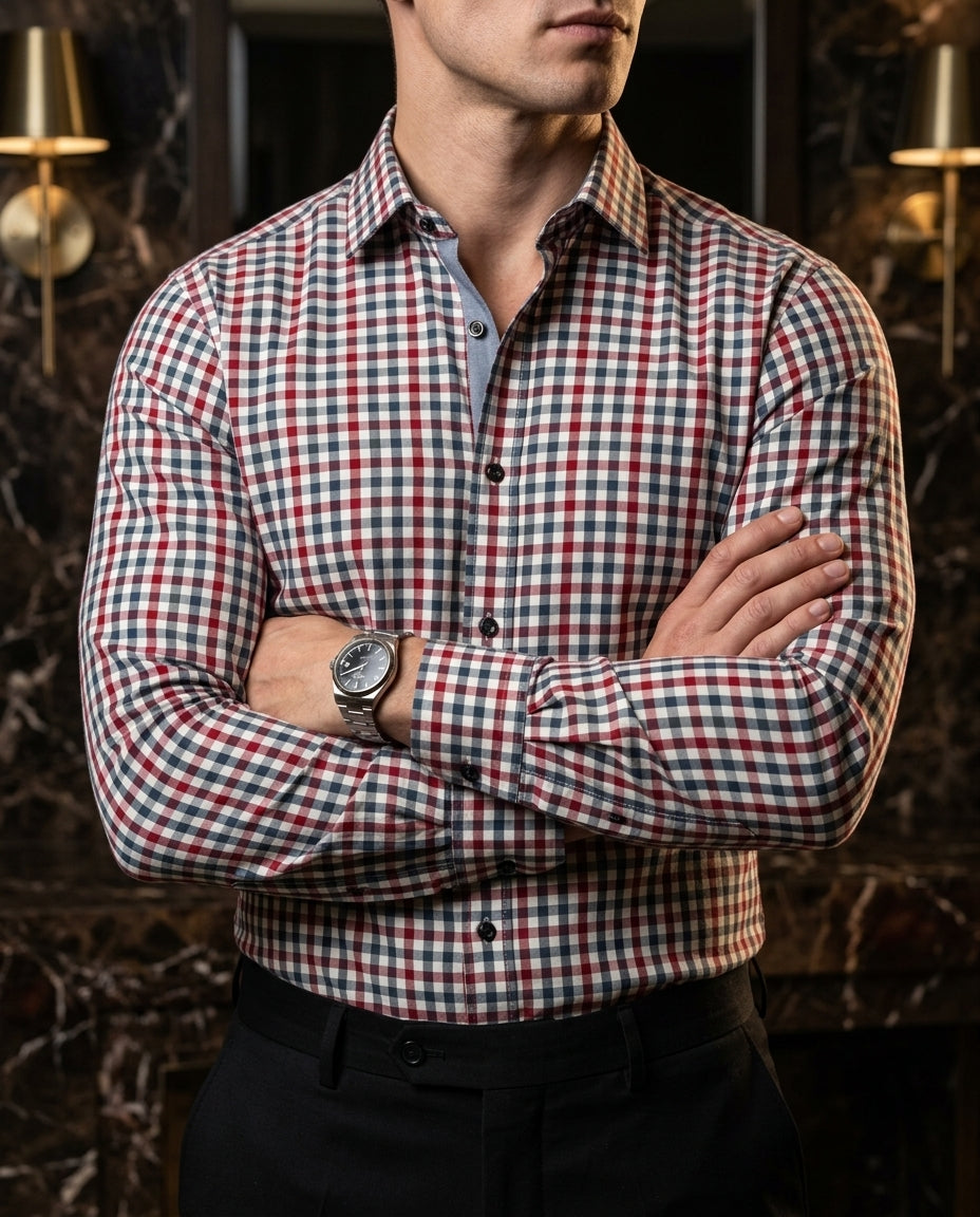 Camisa Hombre Casual Cuadros Marino, Rojos, Blancos