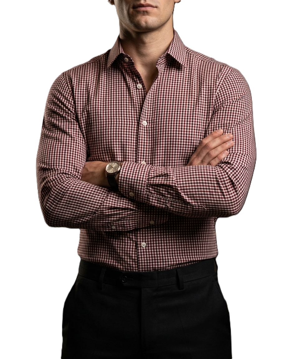 Camisa Hombre Casual Mini Cuadros Rojos, Vino, Blancos