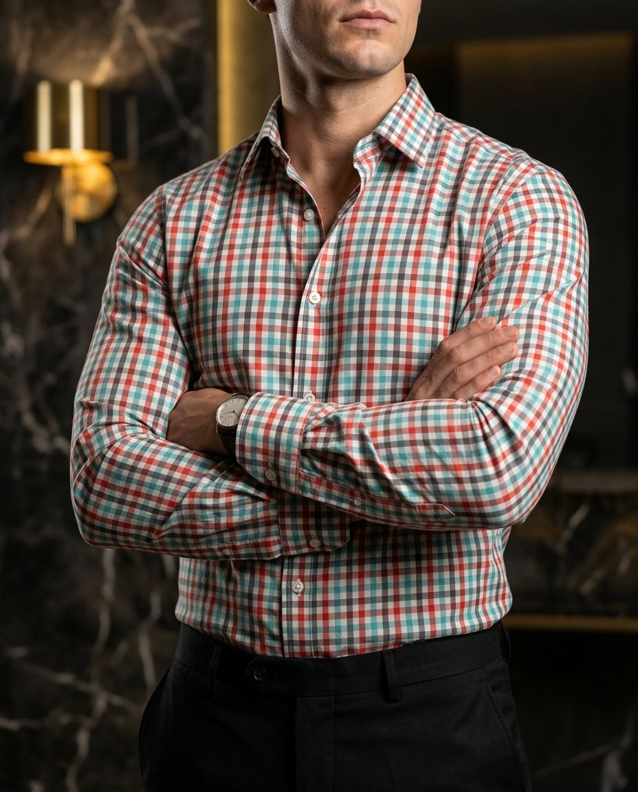 Camisa Slim Fit Cuadros Rojo Verde Gris