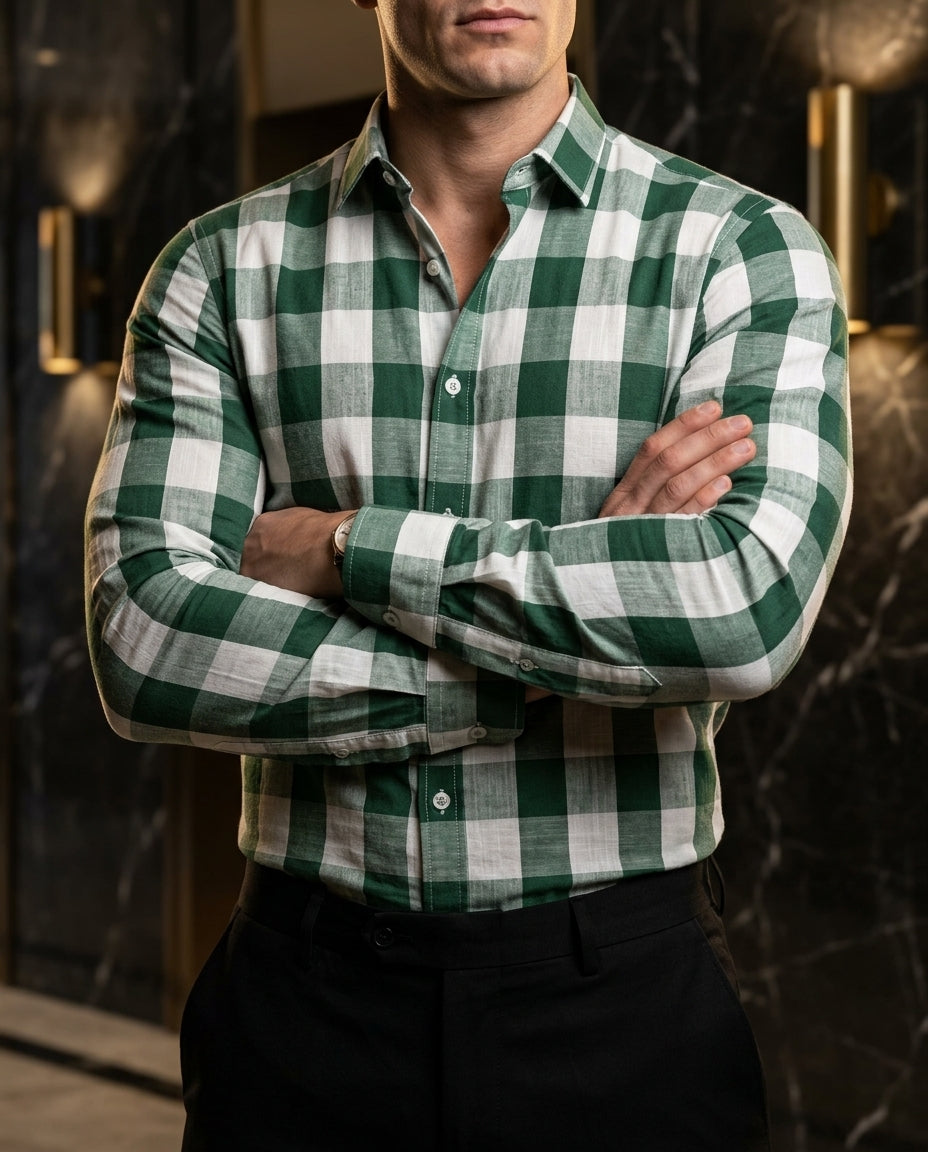 Camisa Slim Fit Cuadros Verde Blanco