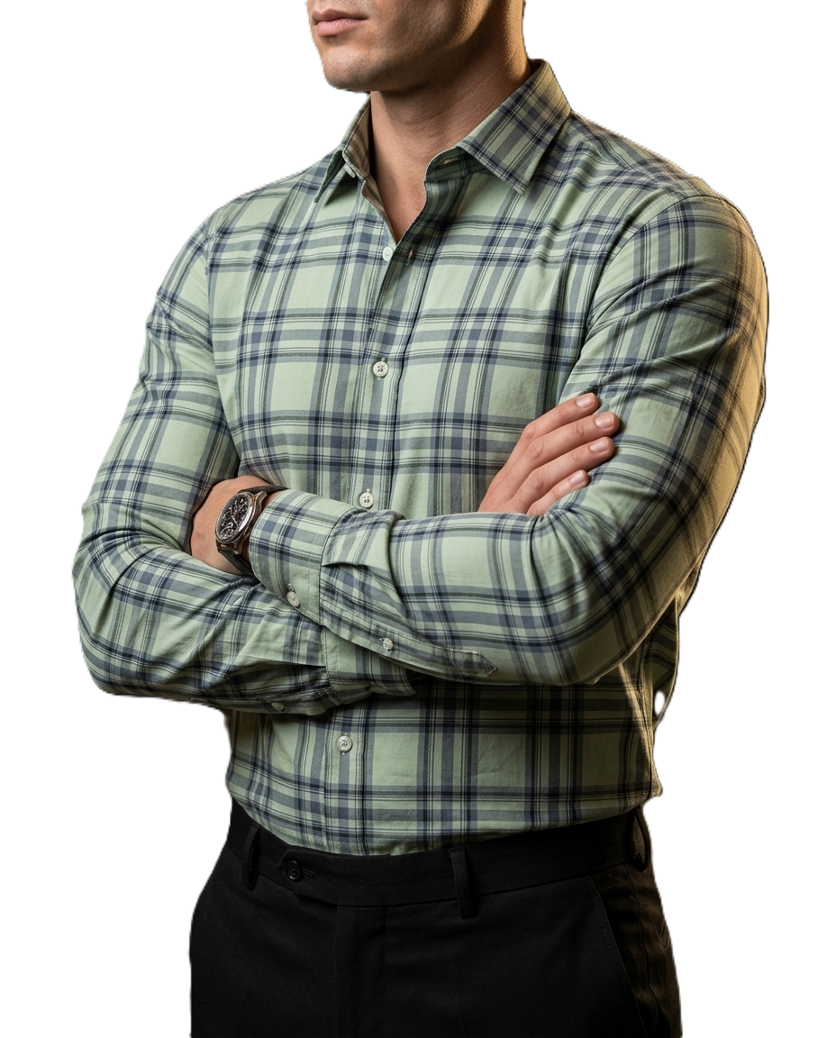 Camisa Hombre Casual Cuadros Verde Lineas Gris