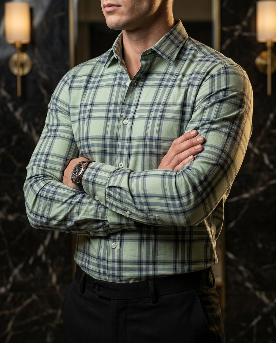 Camisa Hombre Casual Cuadros Verde Lineas Gris