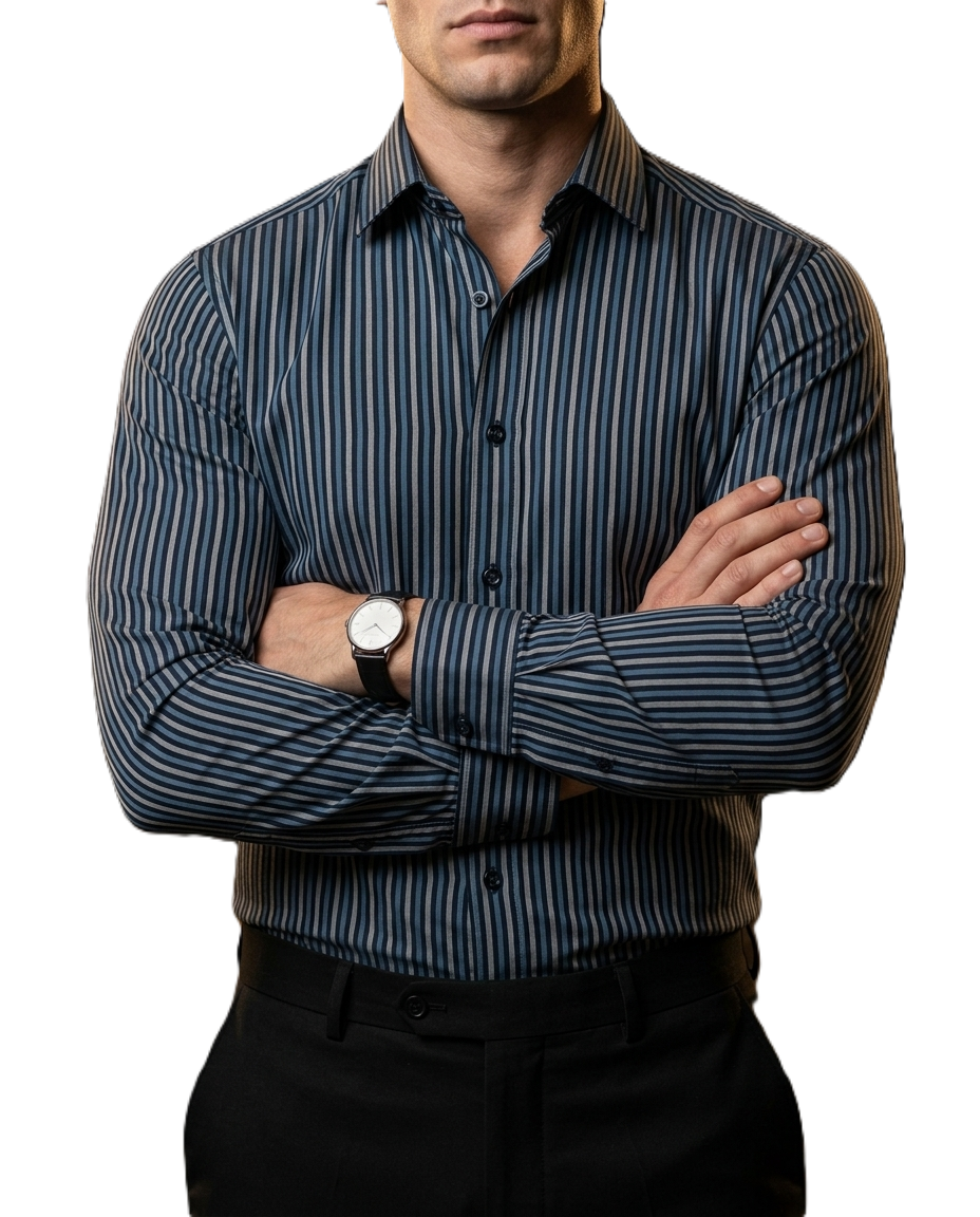 Camisa Hombre Casual Rayas Negras, Gris, Azul