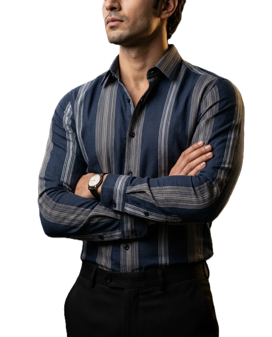 Camisa Hombre Casual Marino Rayas Gris