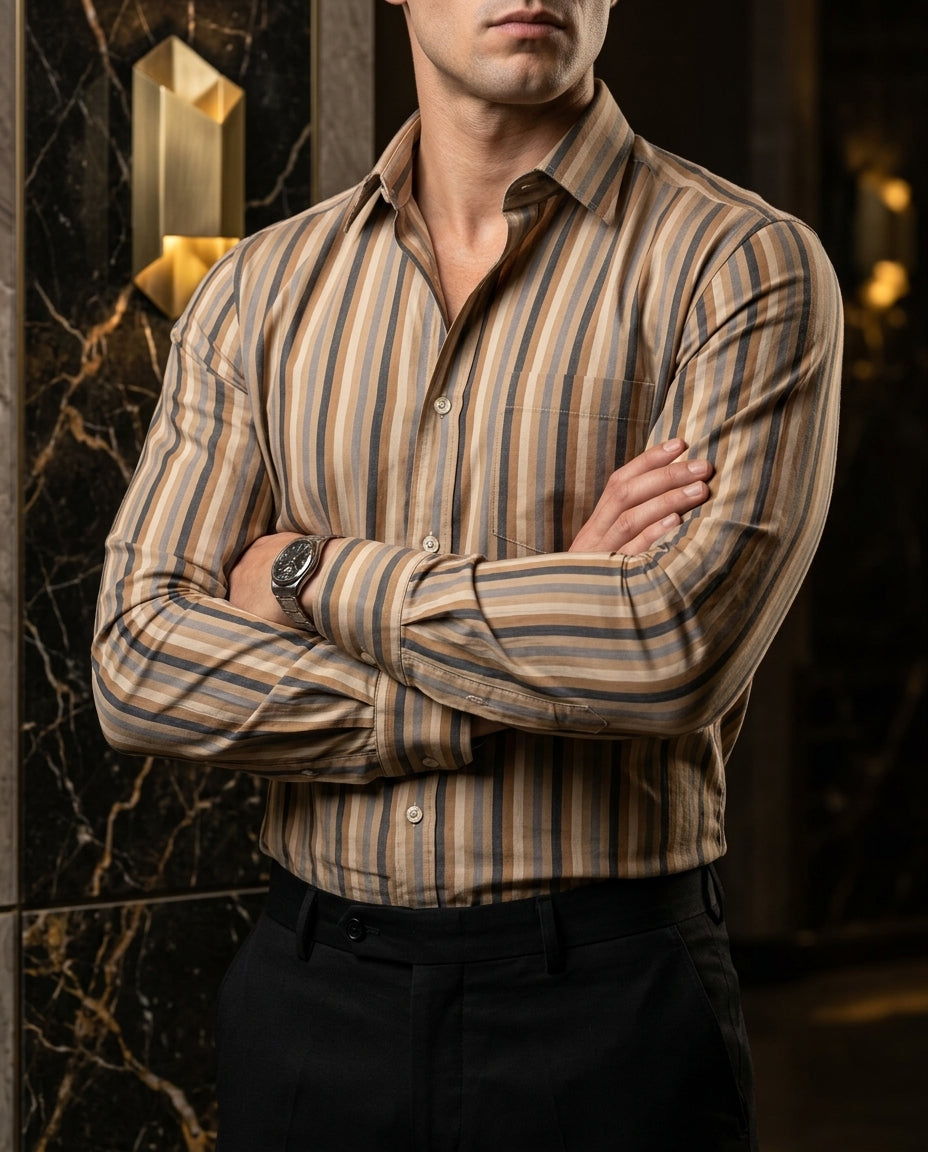 Camisa Slim Fit Rayas Beige Azul Cafe