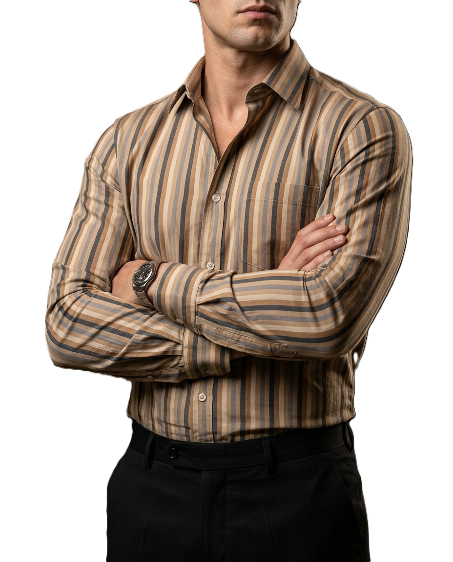 Camisa Hombre Casual Rayas Marrón, Beige, Gris