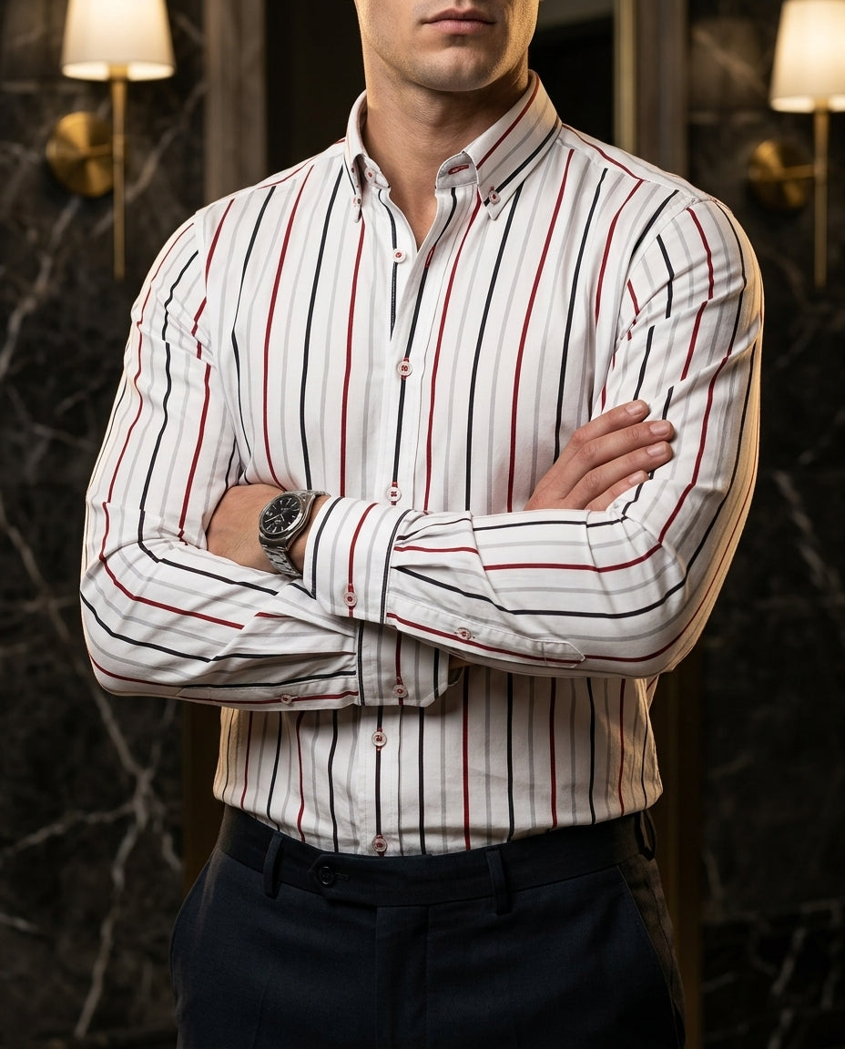 Camisa Slim Fit Rayas Blanco Rojo Negro