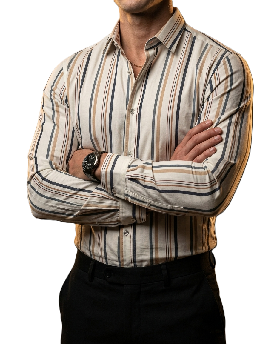 Camisa Hombre Casual Beige Rayas Marrón, Gris