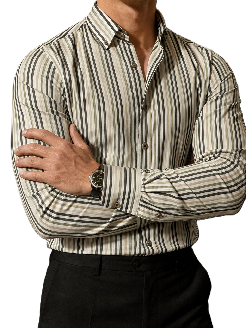 Camisa Hombre Casual Rayas Blancas, Beige, Verdes, Gris