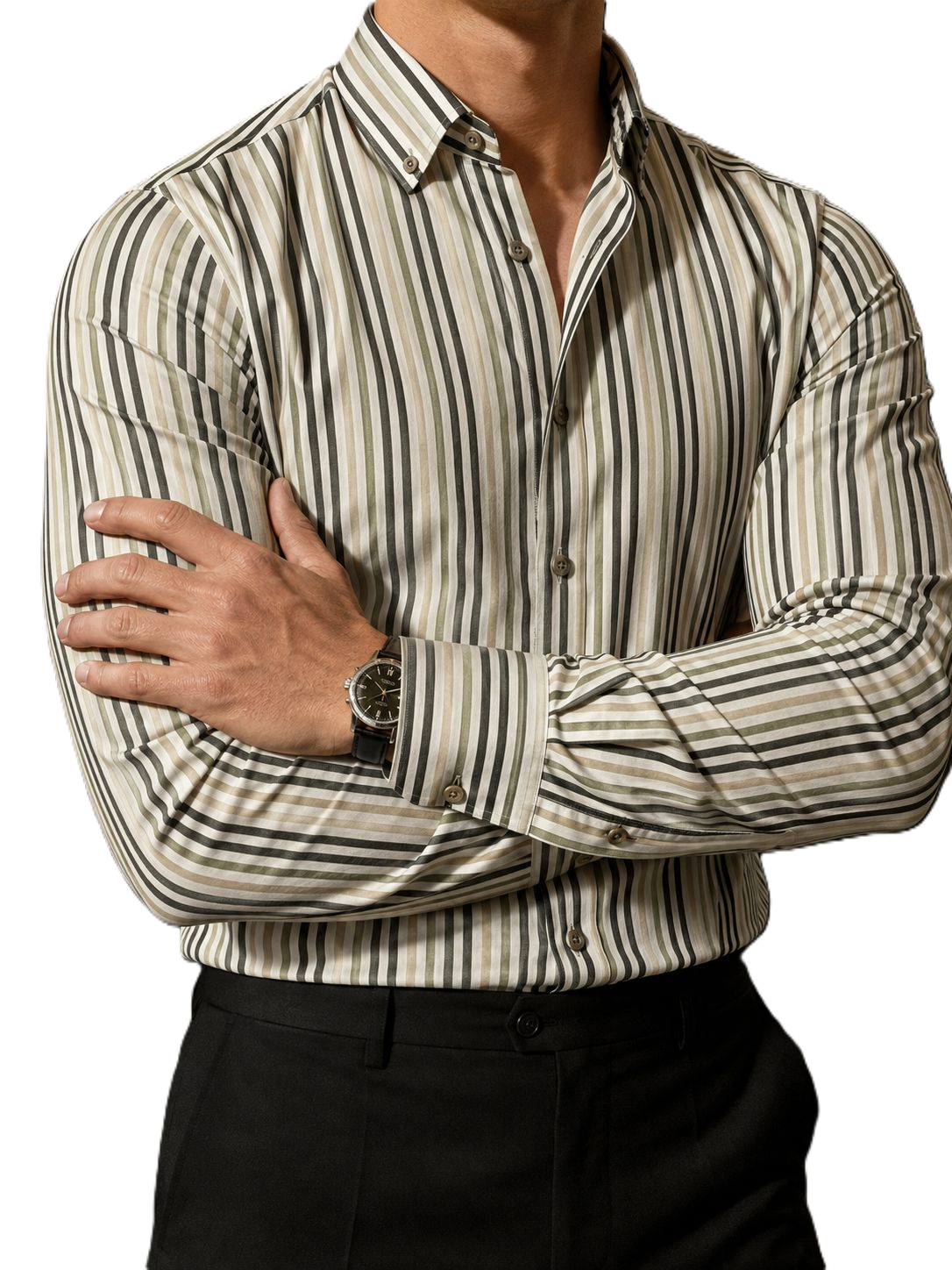 Camisa Hombre Casual Rayas Blancas, Beige, Verdes, Gris