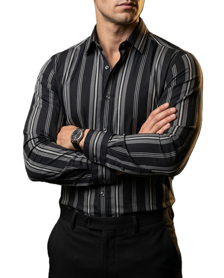 Camisa Hombre Casual Negra Rayas Gris, Blancas