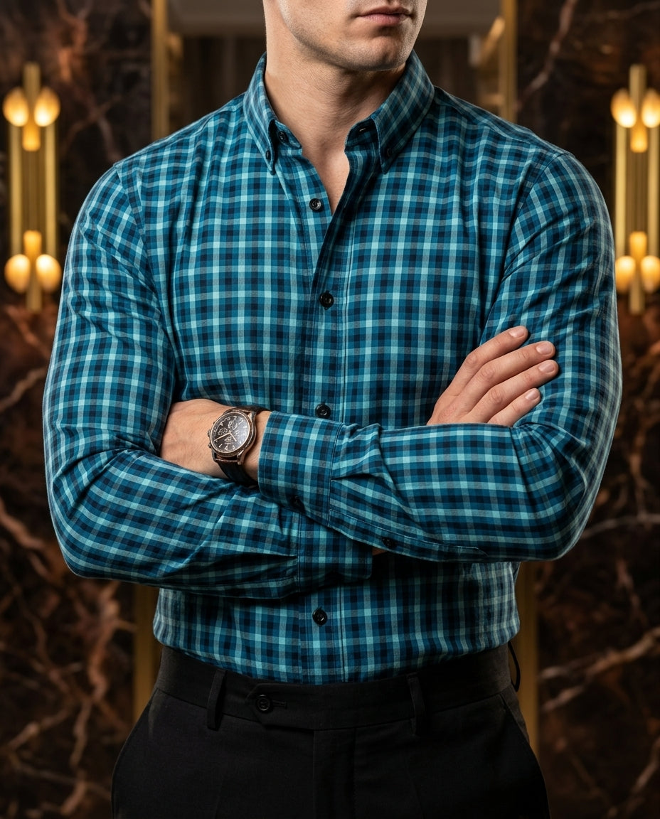 Camisa Hombre Casual Cuadros Azules, Negros