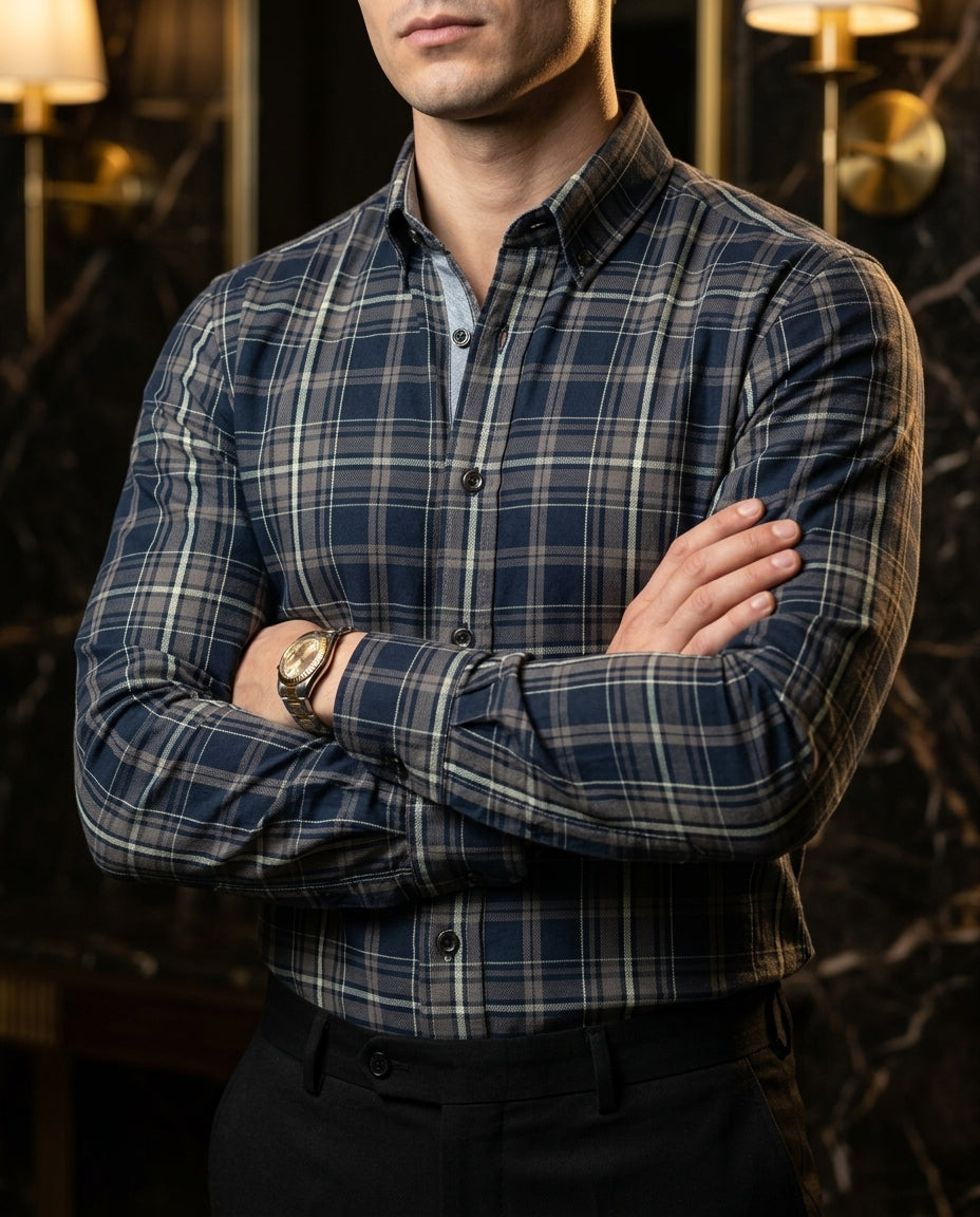 Camisa Hombre Casual Cuadros Marino, Marrón Oscuro