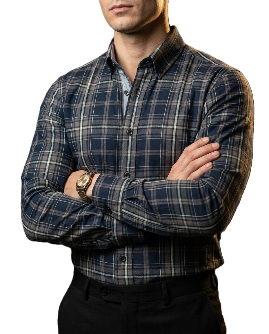 Camisa Hombre Casual Cuadros Marino, Marrón Oscuro