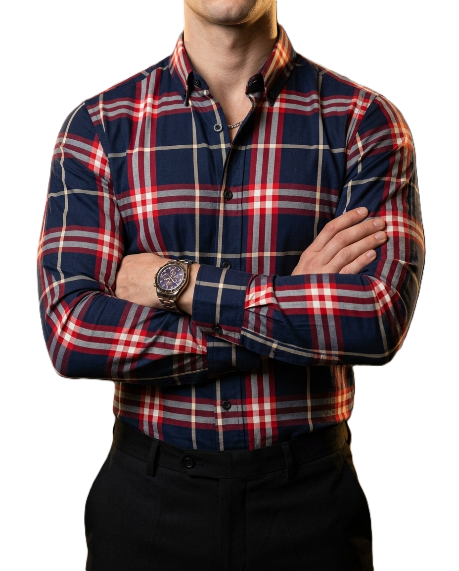 Camisa Hombre Casual Cuadros Marino Lineas Rojas, Blancas