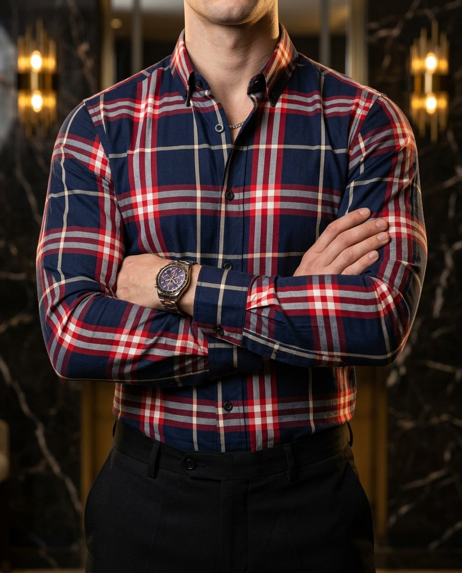Camisa Hombre Casual Cuadros Marino Lineas Rojas, Blancas