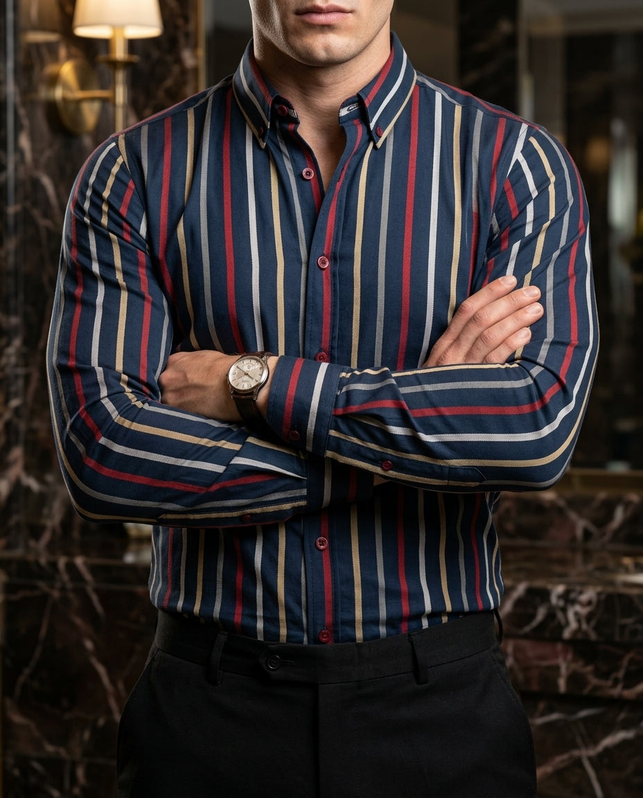 Camisa Hombre Casual Marino Rayas Gris, Rojos, Amarillas