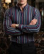 Camisa Hombre Casual Marino Rayas Gris, Rojos, Amarillas