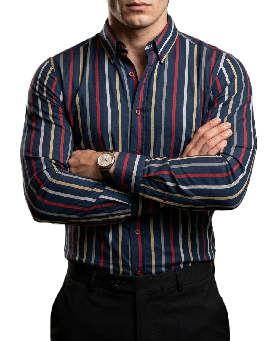 Camisa Hombre Casual Marino Rayas Gris, Rojos, Amarillas