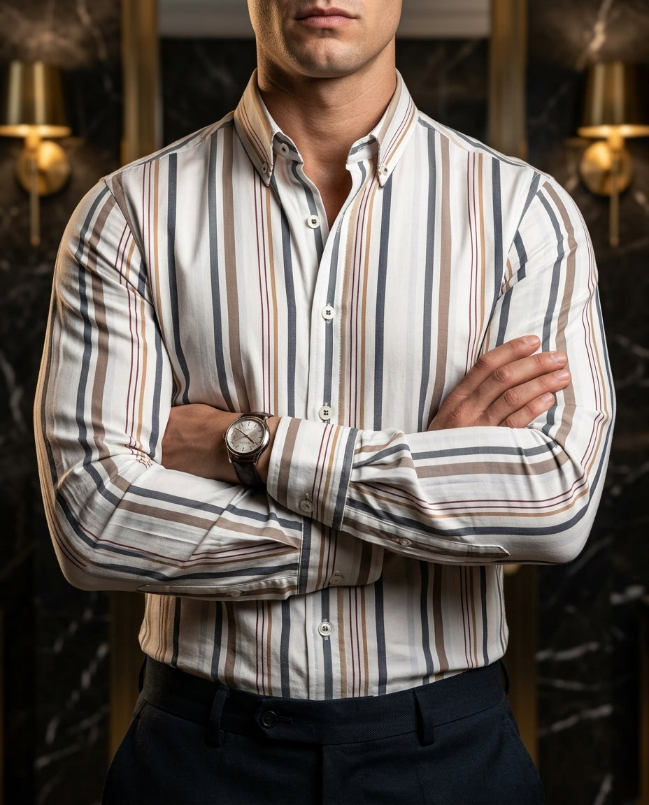 Camisa Hombre Casual Blanca Rayas Gris, Marrón