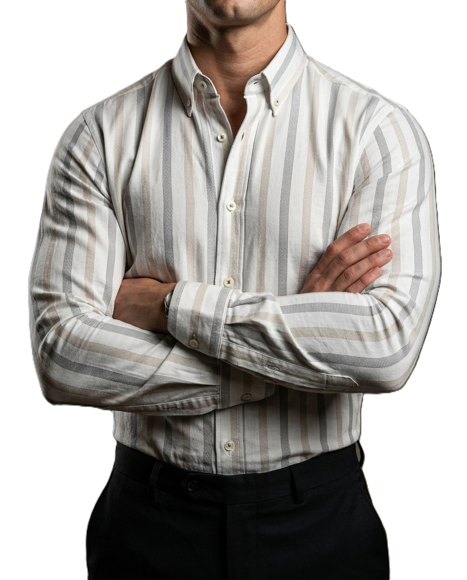 Camisa Hombre Casual Blanca Rayas Gris, Beige