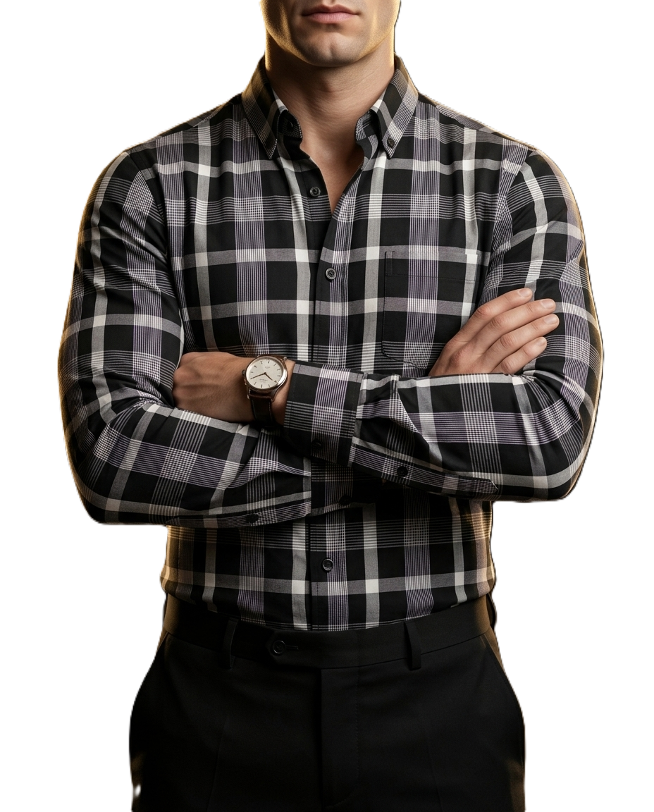 Camisa Hombre Casual Cuadros Negros Lineas Blancas