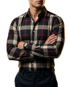 Camisa Hombre Casual Cuadros Negros, Beige Lineas