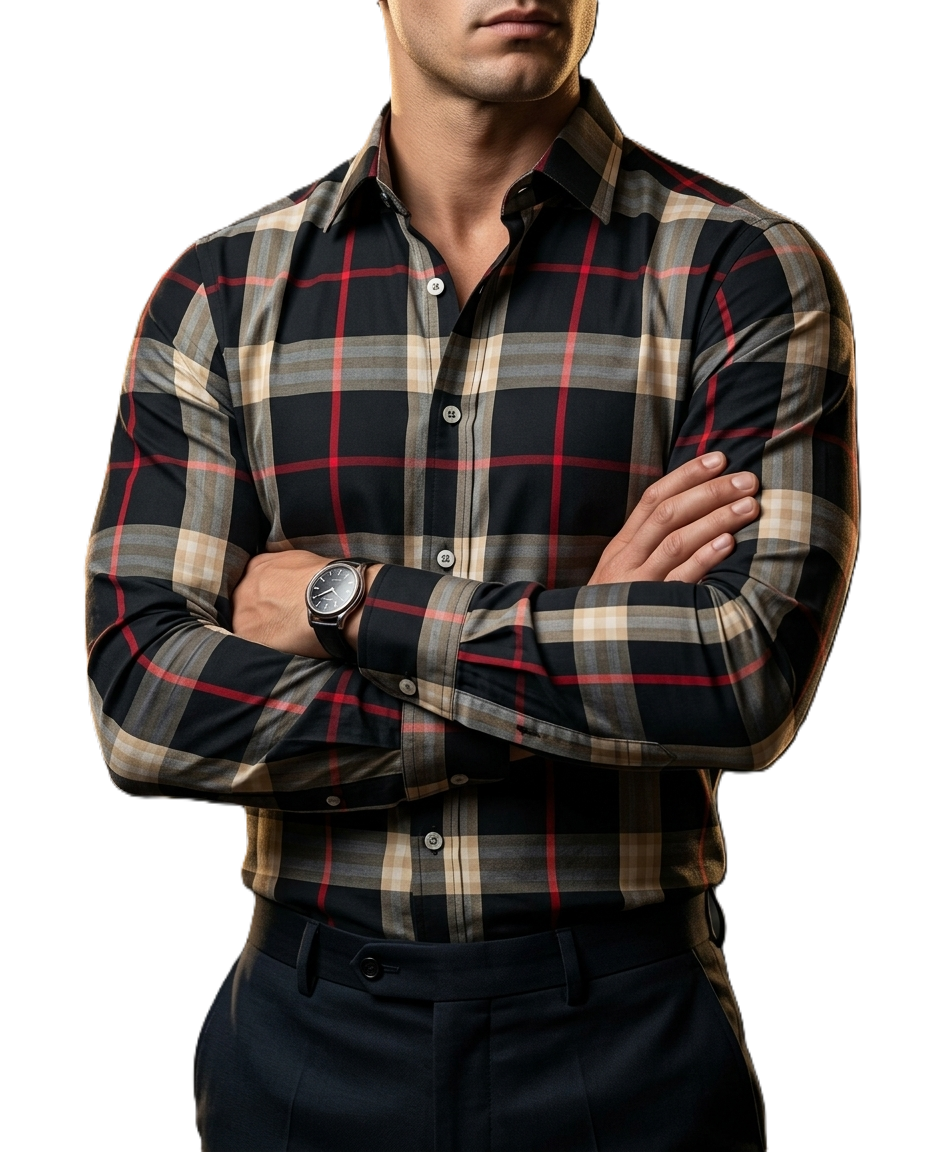 Camisa Hombre Casual Cuadros Negros, Beige Lineas