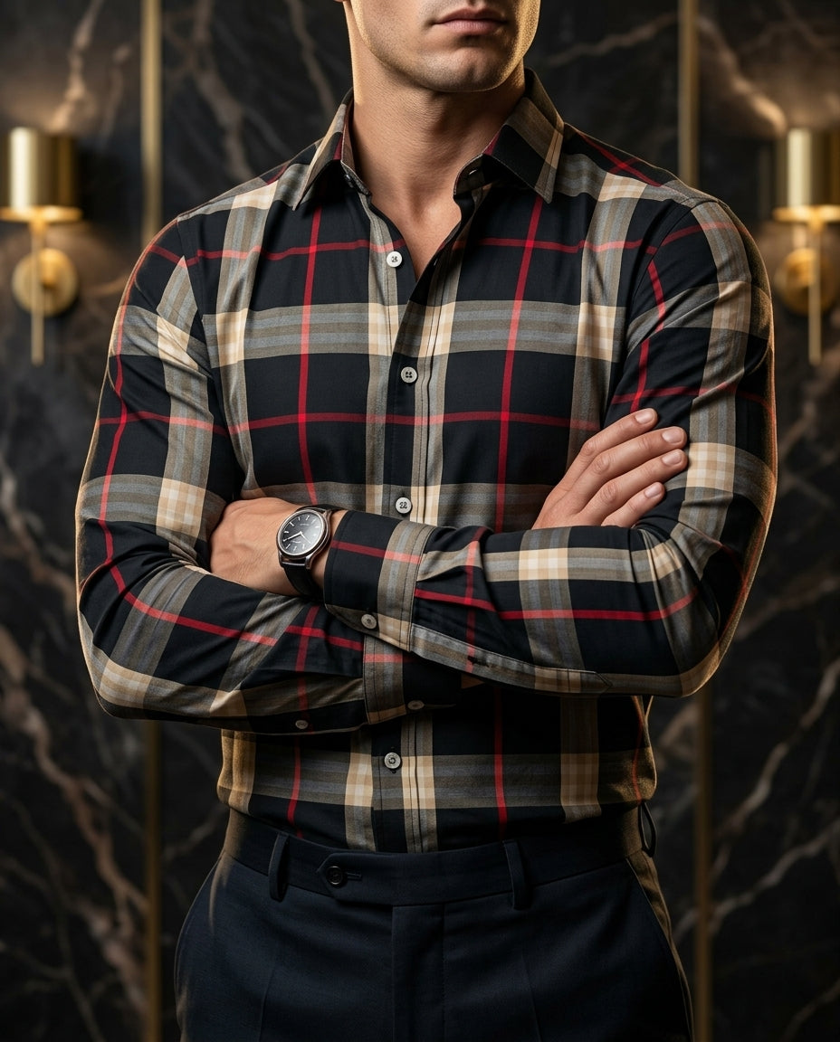 Camisa Hombre Casual Cuadros Negros, Beige Lineas