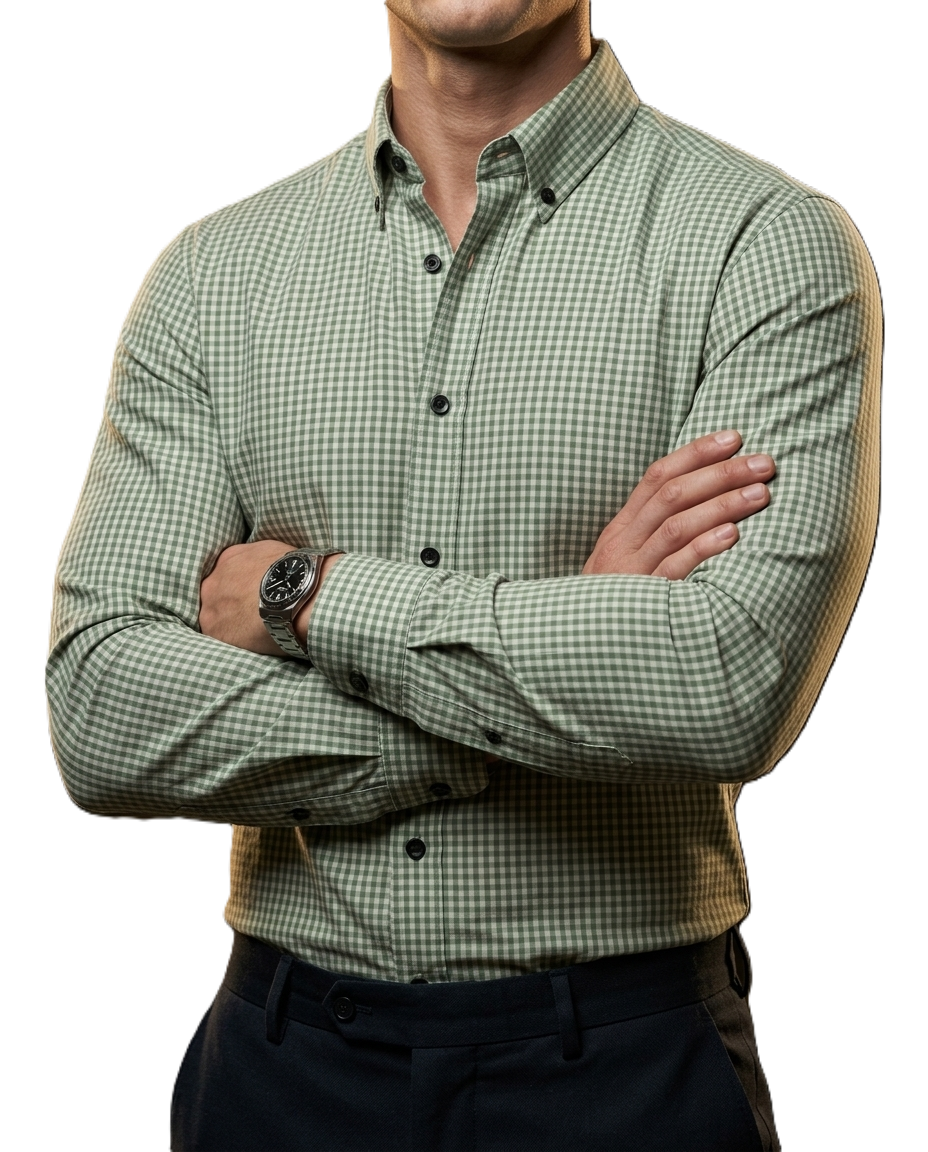 Camisa Hombre Casual Mini Cuadros Blancos, Verdes