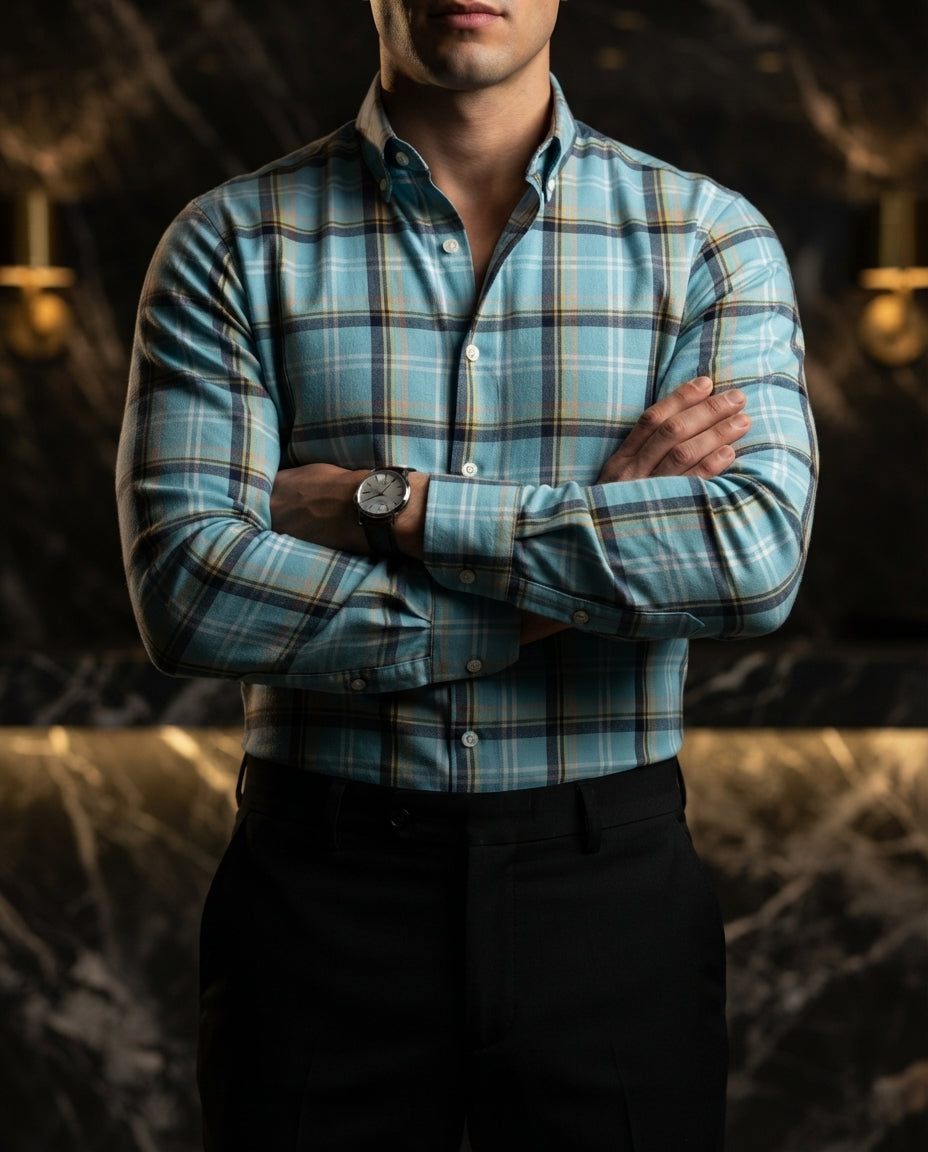 Camisa Hombre Cuadros Azul Claro — Aegean Rift