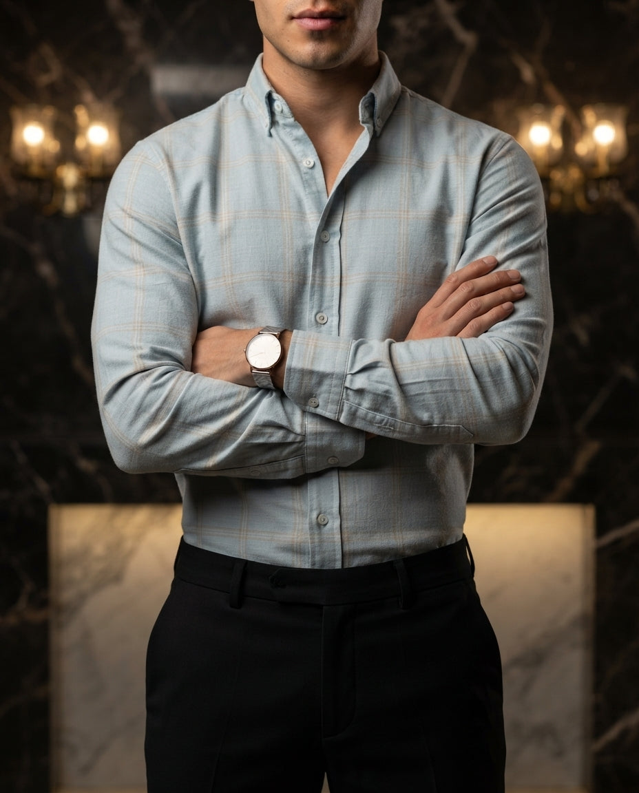 Camisa Hombre Cuadros Azul Claro — Azure Rift