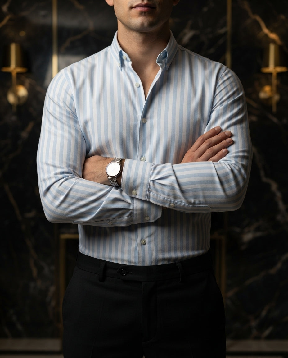 Camisa Hombre Rayas Azul Claro — Chalk Ridge