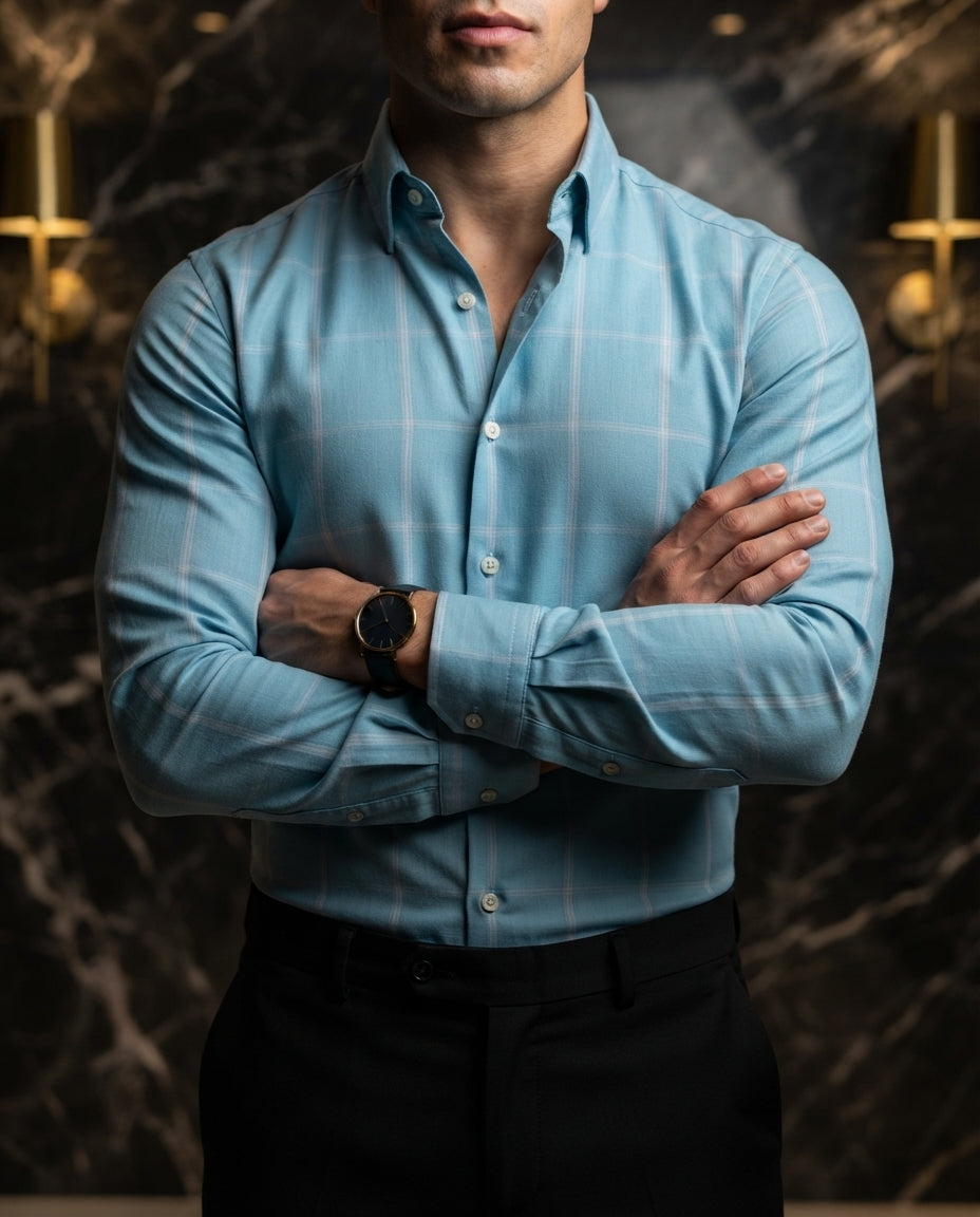 Camisa Hombre Cuadros Azul Claro — Cobalt Drift