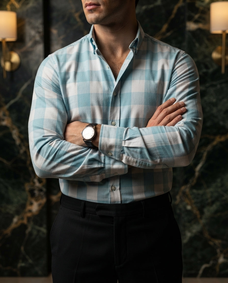 Camisa Hombre Cuadros Azul Claro — Dune Ivory
