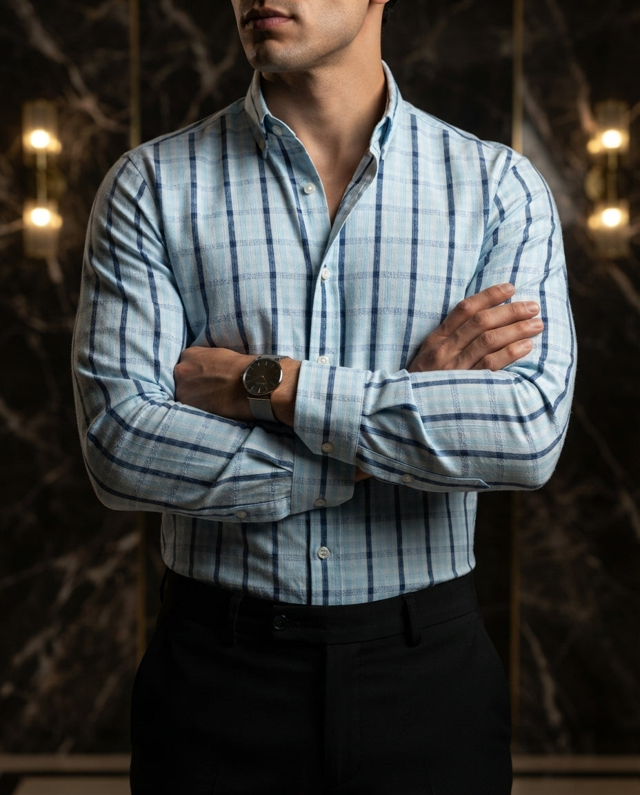 Camisa Hombre Cuadros Azul Claro — Harbor Blue