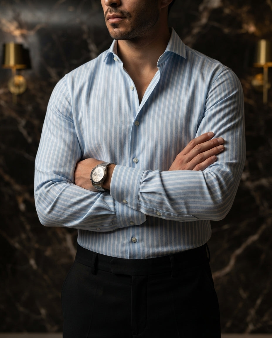 Camisa Hombre Rayas Azul Claro — Linen Harbor