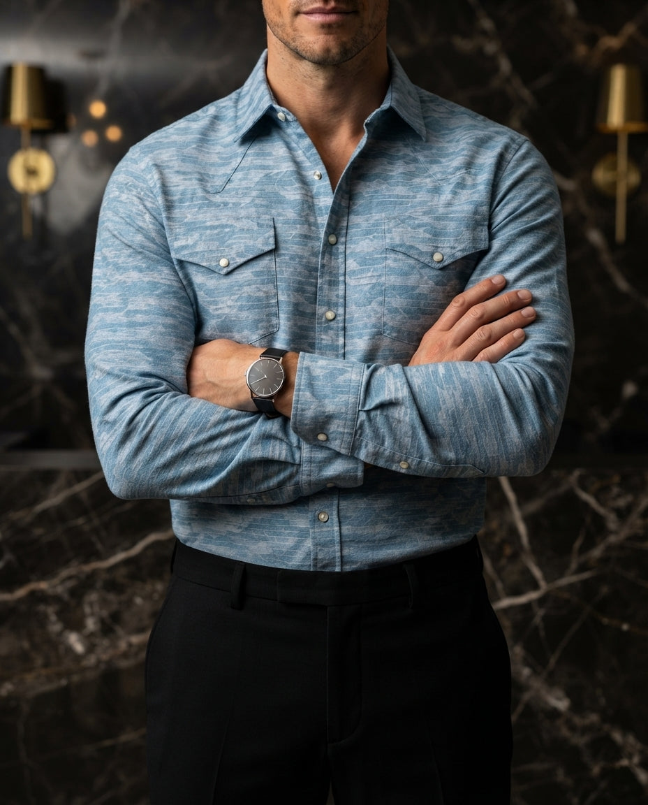 Camisa Hombre Casual Figuras Azul Claro — Pearl Coast