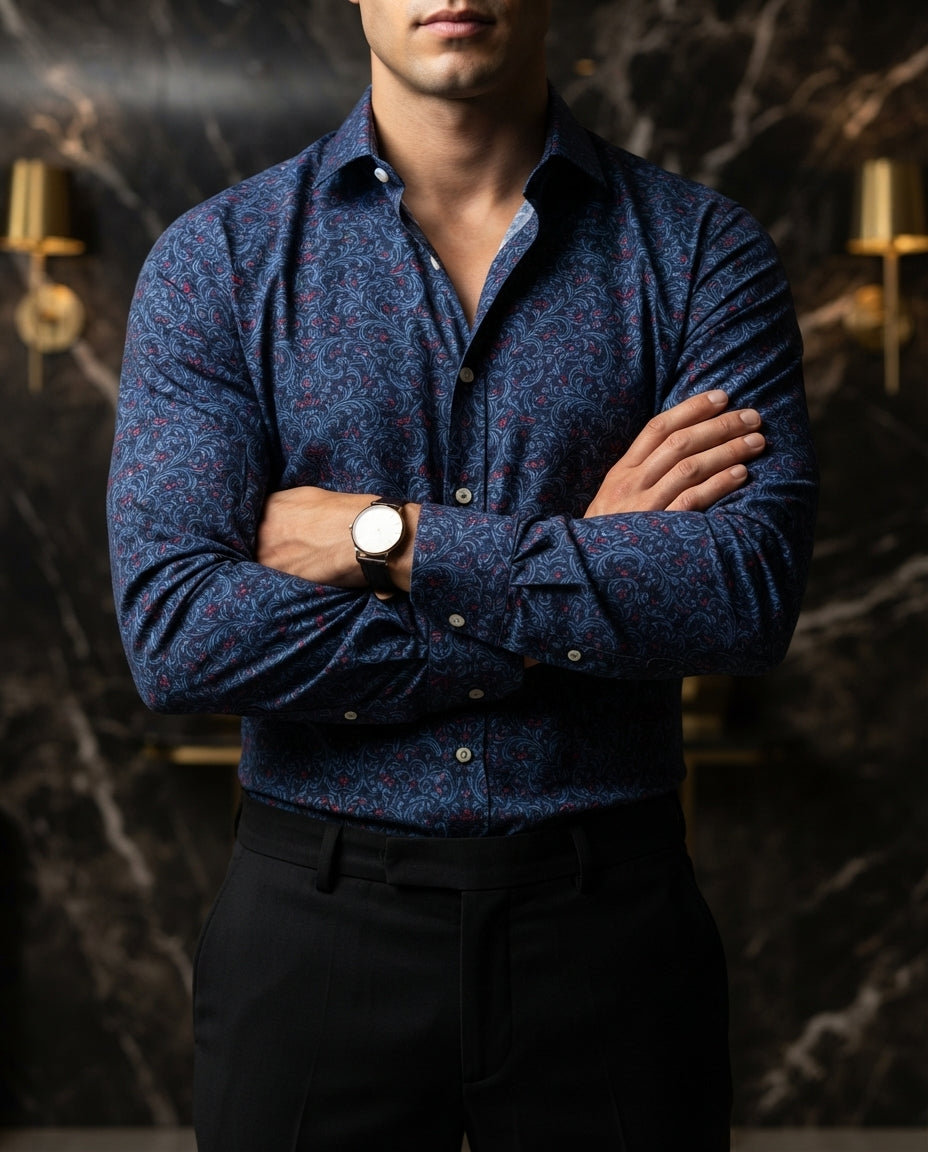 Camisa Hombre Casual Figuras Azul Marino — Adriatic Blue