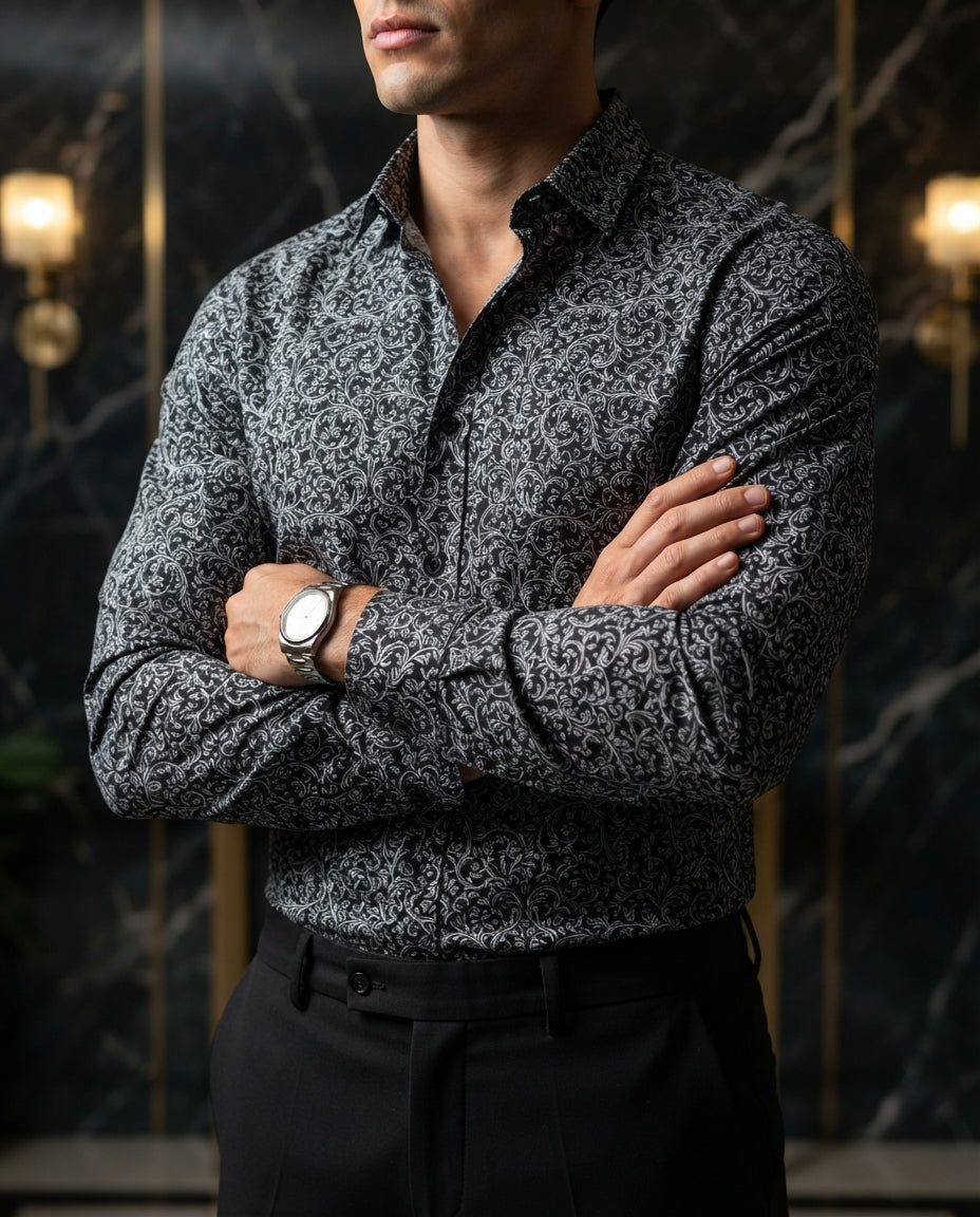 Camisa Hombre Casual Figuras Negro — Marmol Grey