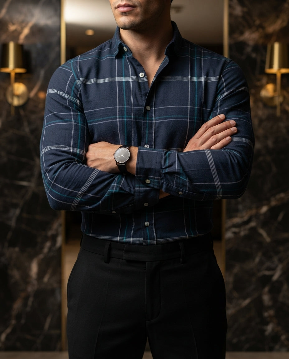 Camisa Hombre Cuadros Azul Marino — Aqua Drift