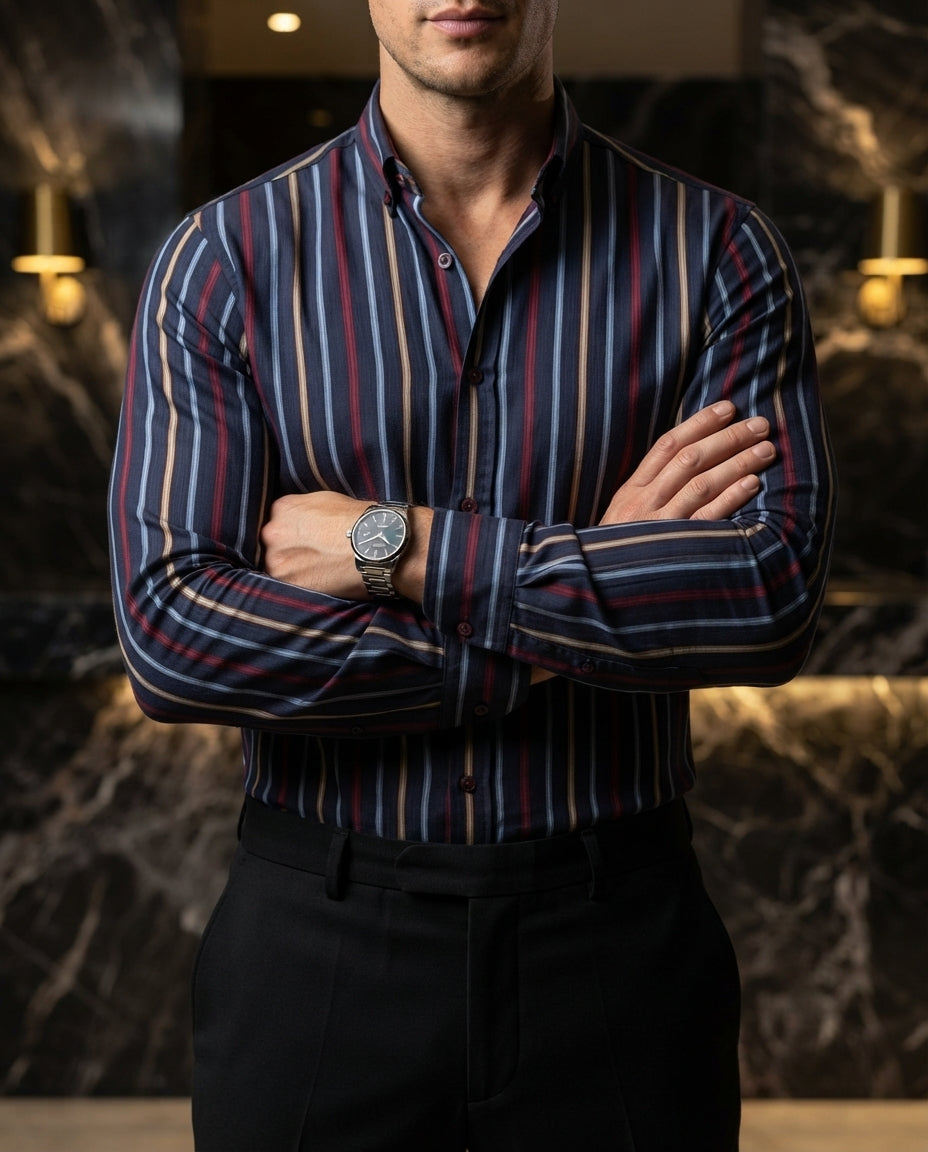 Camisa Hombre Rayas Azul Marino — Atlas Navy