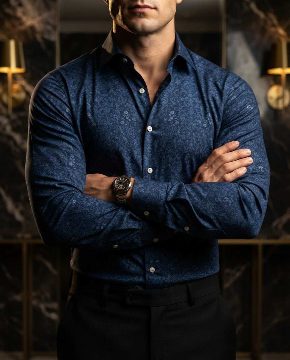 Camisa Hombre Casual Figuras Azul Marino — Basalt Wave