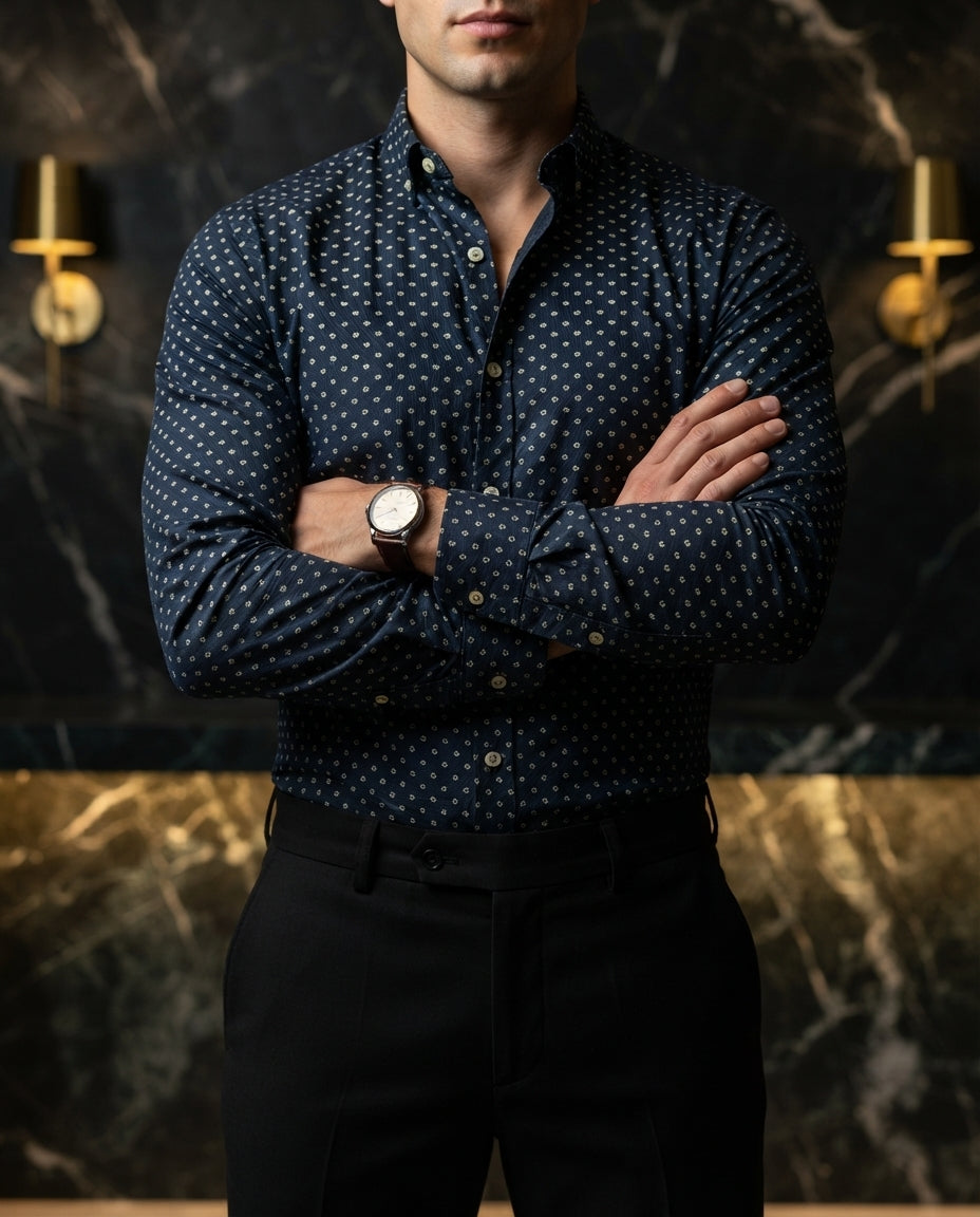 Camisa Hombre Casual Figuras Azul Marino — Onyx Summit