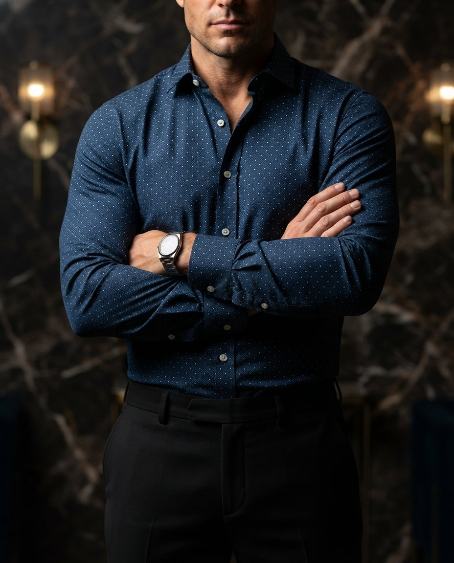 Camisa Hombre Casual Figuras Azul Marino — Panther Grey