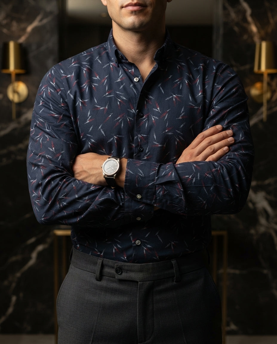 Camisa Hombre Casual Figuras Azul Marino — Sapphire Tide