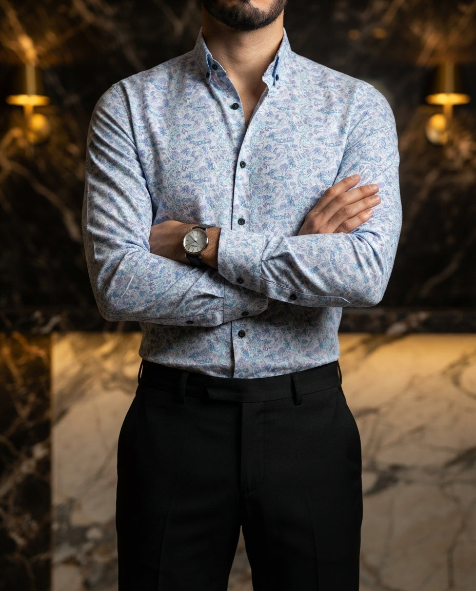 Camisa Hombre Estampado Azul — Caspian Teal