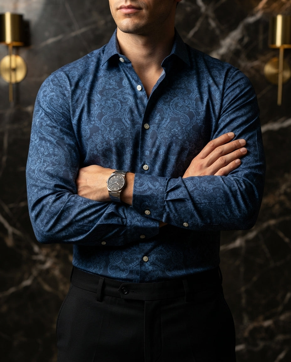 Camisa Hombre Casual Figuras Azul — Denim Dusk