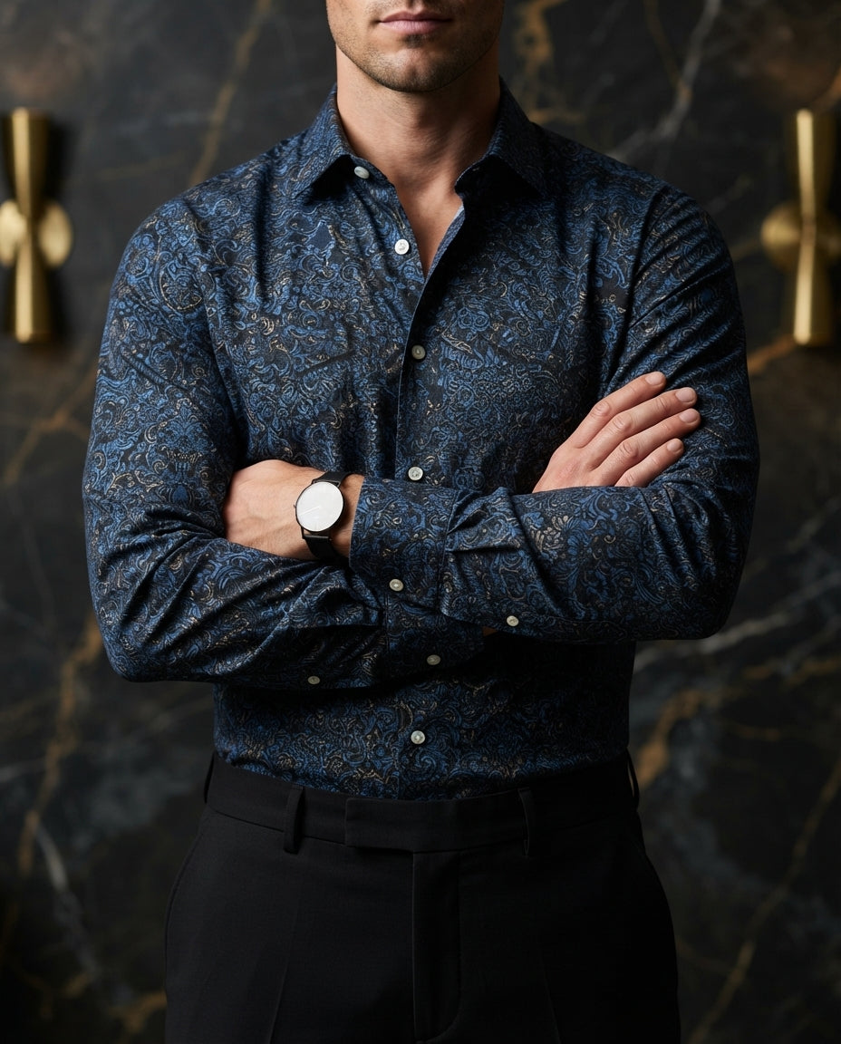 Camisa Hombre Estampado Azul — Phantom Grey