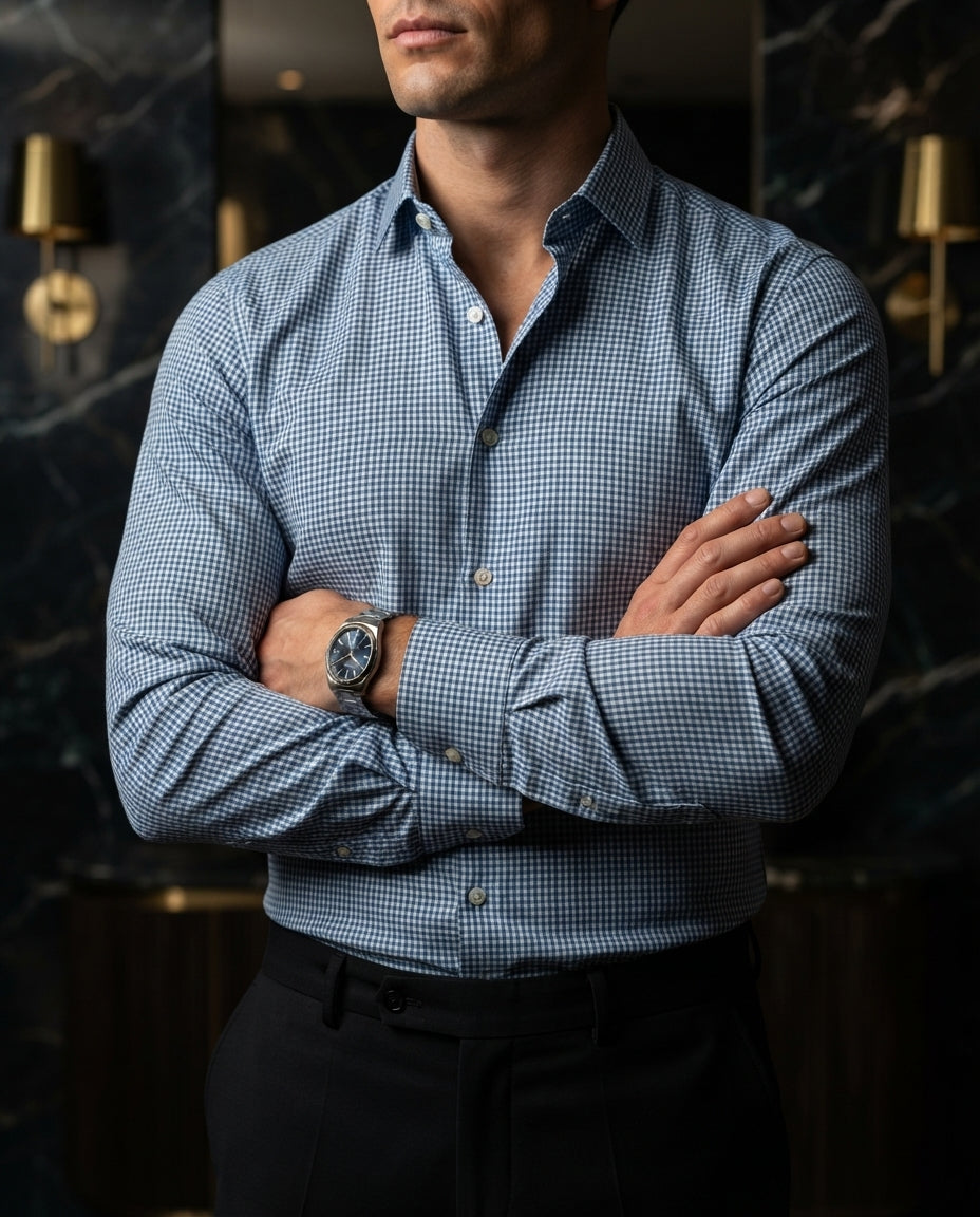 Camisa Hombre Cuadros Azul — Santorini Sky